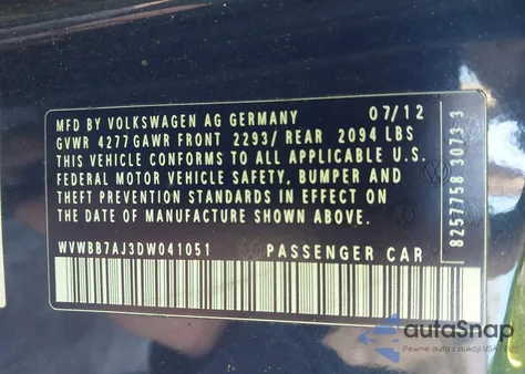 2013 Volkswagen Golf 2.5L 2-Door z USA, uszkodzony, nr VIN WVWBB7AJ3DW041051